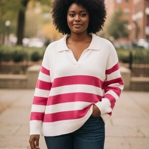 NWT Vince Camuto Women's Plus Bold Pink Off White Striped Long Sleeve Sweater